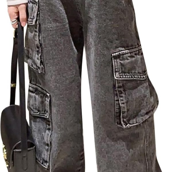 SEAUR Girls Kids Jeans Loose Wide-Leg Denim Pants Baggy Straight Elastic Waist Ripped Jeans Stretchy Vintage Casual Trousers with Pockets Age 5-14 Years
