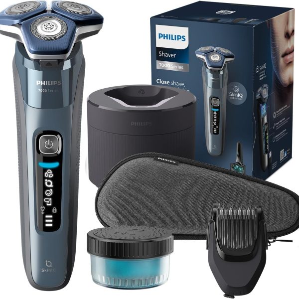 Philips Shaver Series 7000 - Wet & Dry Electric Shaver in Ice Blue with 1 x Integrated Pop-up Trimmer, Beard Trimmer, Travel Case, Quick Clean Pod and Charging Stand (Model S7882/54)
