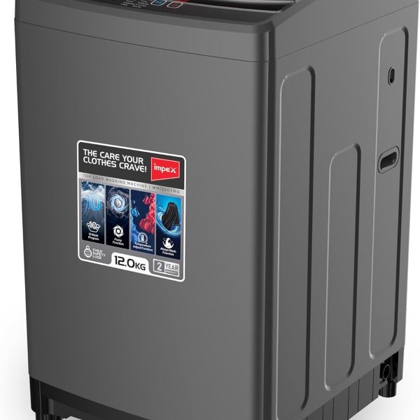 Impex 12Kg Fully Automatic Top Load Washing Machine | Dual Inlet (Hot/Cold) | 10 Wash Programs | Child Lock | Auto Restart | Metallic Body | Water Resistant | Detergent Tray | Dark Grey | WM1200TMG