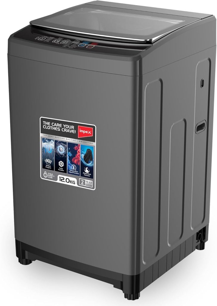Impex 12Kg Fully Automatic Top Load Washing Machine | Dual Inlet (Hot/Cold) | 10 Wash Programs | Child Lock | Auto Restart | Metallic Body | Water Resistant | Detergent Tray | Dark Grey | WM1200TMG