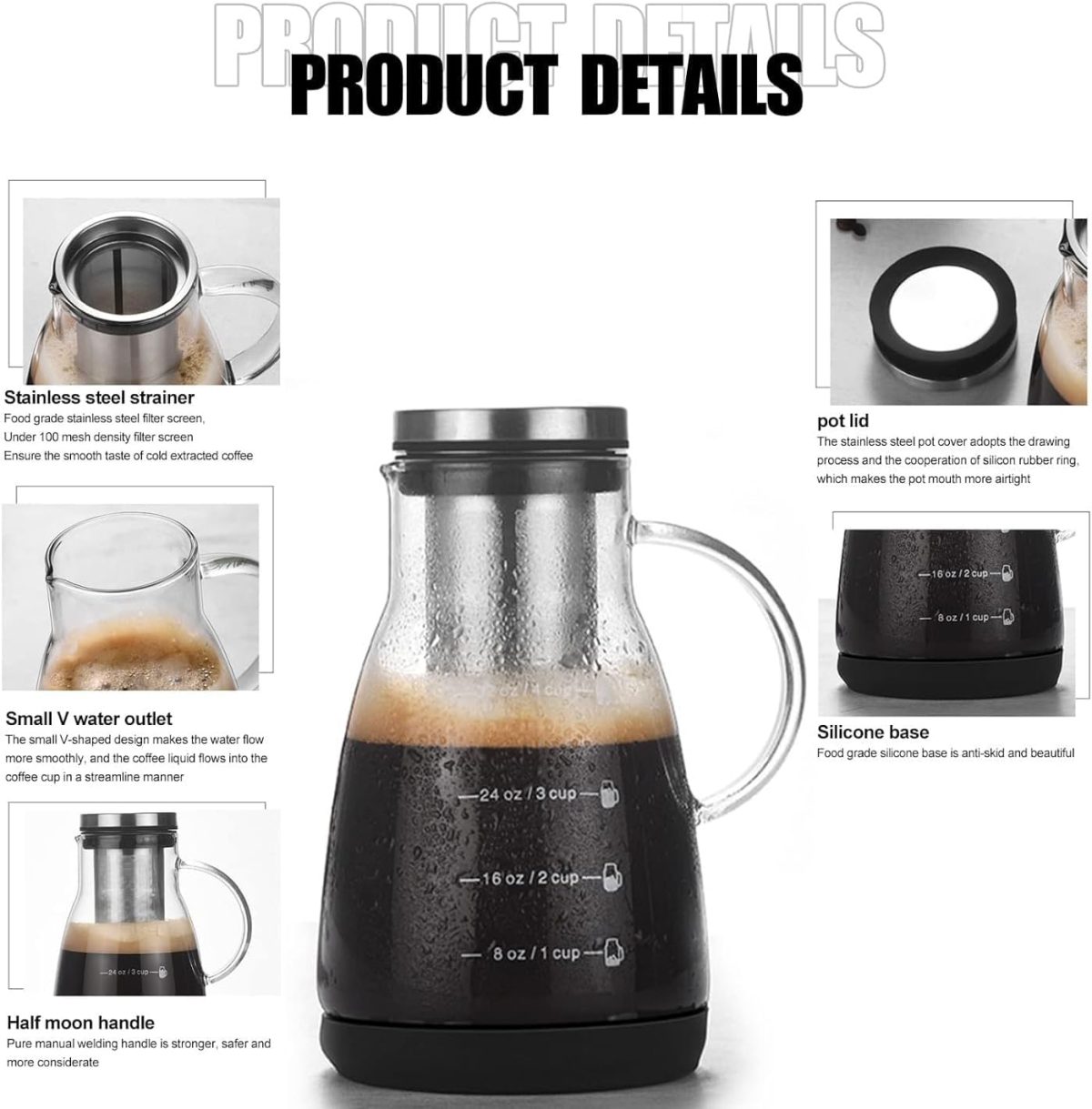 ⁦Andgogo Cold Brew Coffee Maker, Iced Coffee Maker with Airtight Lid, Cold Brew Pitcher with Removable Stainless Steel Filter for Drink Iced Coffee Hot Tea Fruit Beverage Brewing (32 oz -960ML)⁩ - الصورة ⁦3⁩