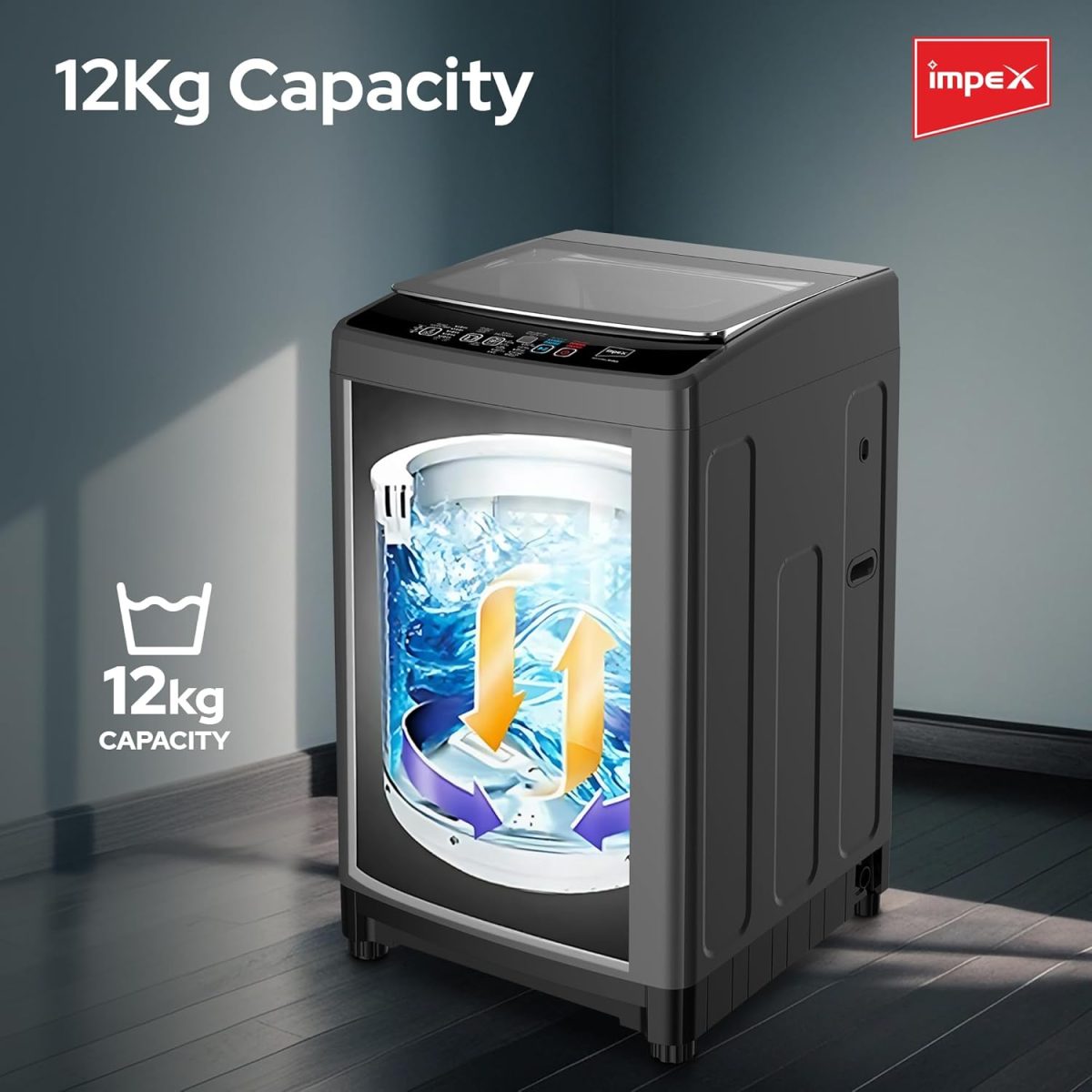⁦Impex 12Kg Fully Automatic Top Load Washing Machine | Dual Inlet (Hot/Cold) | 10 Wash Programs | Child Lock | Auto Restart | Metallic Body | Water Resistant | Detergent Tray | Dark Grey | WM1200TMG⁩ - الصورة ⁦6⁩