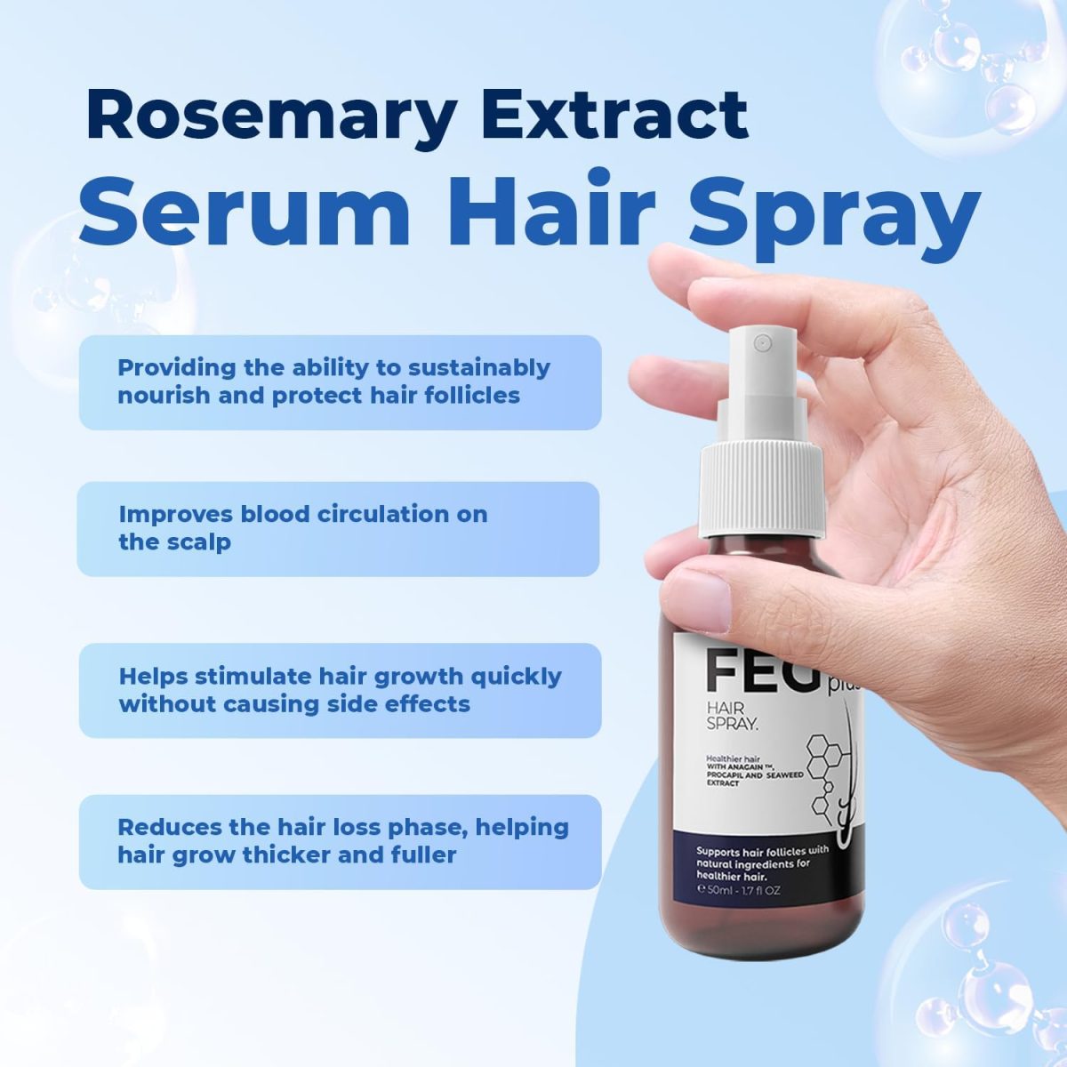 ⁦FEGPLUS Rosemary Beard & Hair Serum (50ml), Rosemary Extract Serum Hair Spray, Minoxidil 5% Solution for Hair and Beard⁩ - الصورة ⁦6⁩