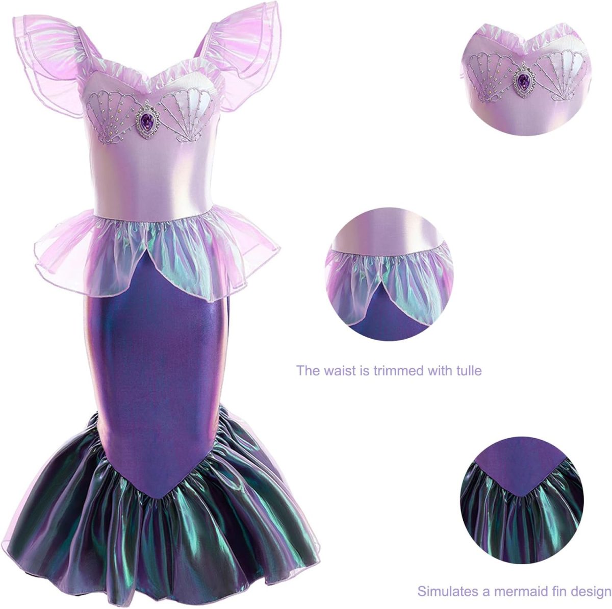 ⁦Poicbor Mermaid Princess Costume for Girls, With forehead accessories and earhooks for Girls 3-8 Birthday Party Halloween Cosplay Outfit with Accessories⁩ - الصورة ⁦4⁩