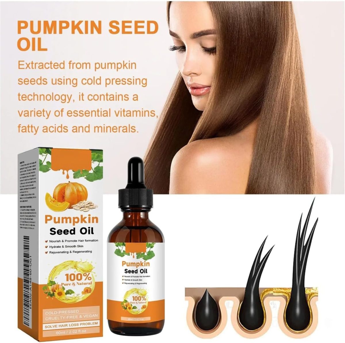 ⁦Cosmite Organic Pumpkin Seed Oil – Pure Cold Pressed Oil to Nourish Hair, Eyelashes, Eyebrows & Skin, Boost Hair Growth, Repair Dry and Damaged Hair, and Moisturize Face & Body Naturally (1PCS)⁩ - الصورة ⁦4⁩
