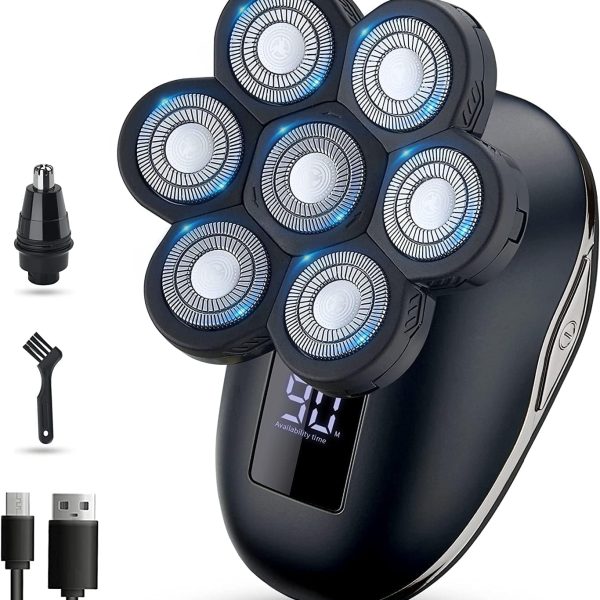 Electric Shaver for Men 5 in 1, Bald Head Shaver Waterproof, Upgraded Head Shaver 7 Floating Heads, Multifunctional Head Razors for with Nose Ear Trimmer, LED Display, 90 Mins Run time for Traval