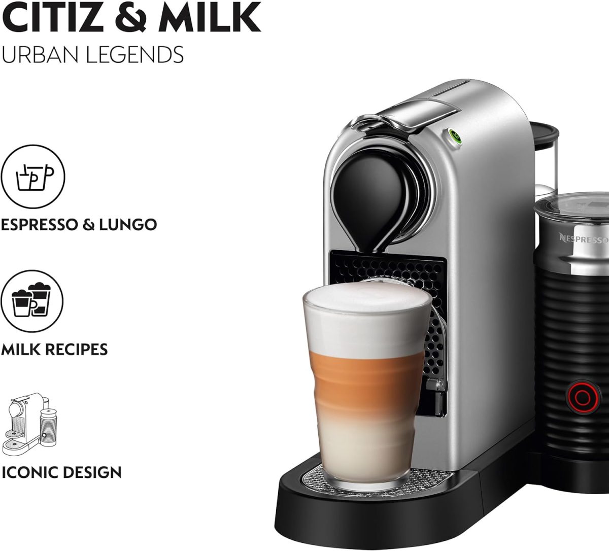 ⁦Nespresso Citiz & Milk C123 Espresso Capsule Coffee Machine, 1 L, 19 Bar Pressure, Silver⁩ - الصورة ⁦3⁩