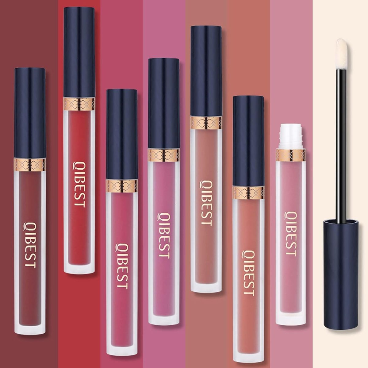 ⁦QiBest 7Pcs Matte Liquid Lipstick + 1Pcs Lip Plumper Makeup Set Kit, Pigmented Long Lasting Lip Gloss Set, Velvet Waterproof Lip Makeup Valentine's Day Gift Sets for Girls and Women⁩ - الصورة ⁦3⁩