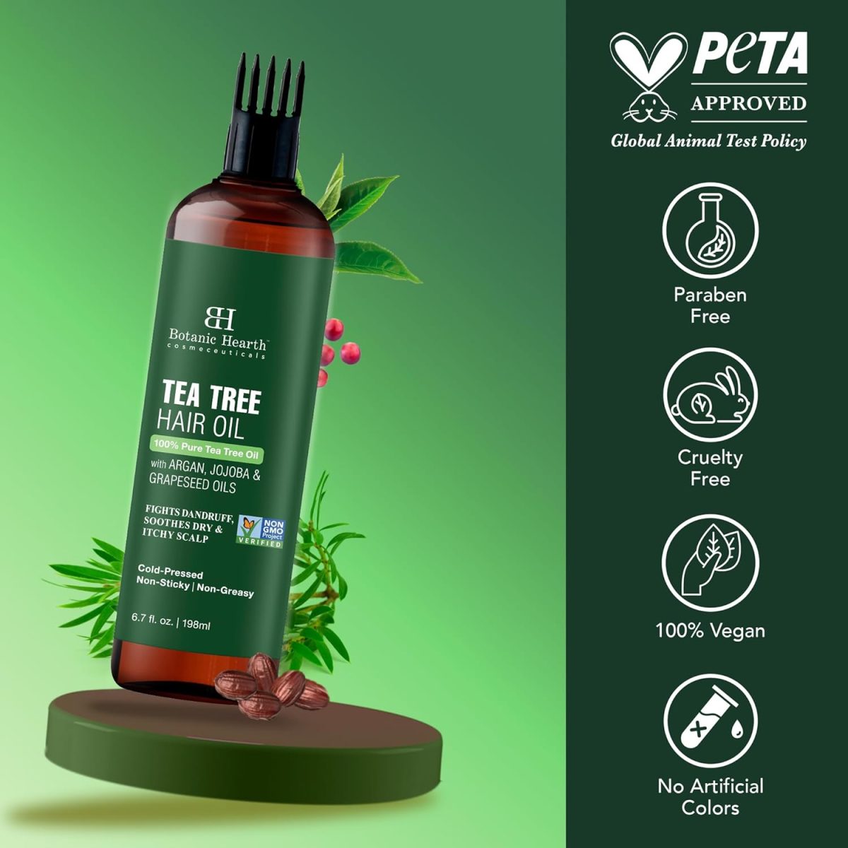 ⁦Botanic Hearth Tea Tree Oil for Hair | With Argan, Jojoba & Grapeseed Oils | Soothes Itchy Scalp & Fights Dandruff | Non GMO Verified | 200ml⁩ - الصورة ⁦7⁩