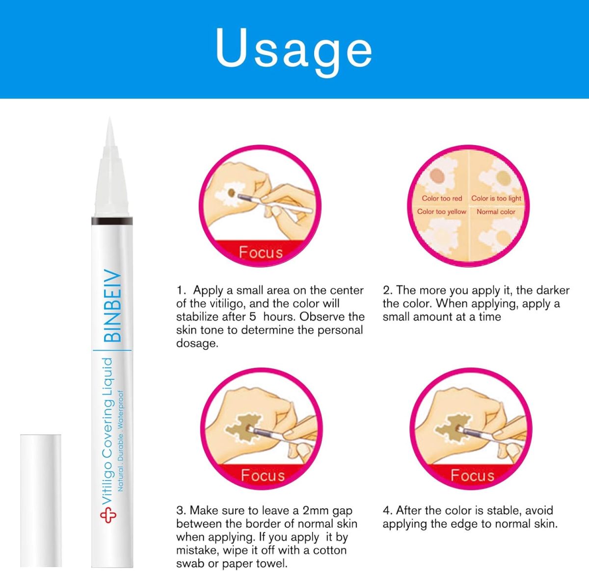 ⁦BINBEIV Vitiligo Cosmetic Camouflage Liqui, Cover appearance of Skin Depigmentation, Natural-Durable-Waterproof, Makeup Cover Waterproof, Used on face, hands and body⁩ - الصورة ⁦7⁩