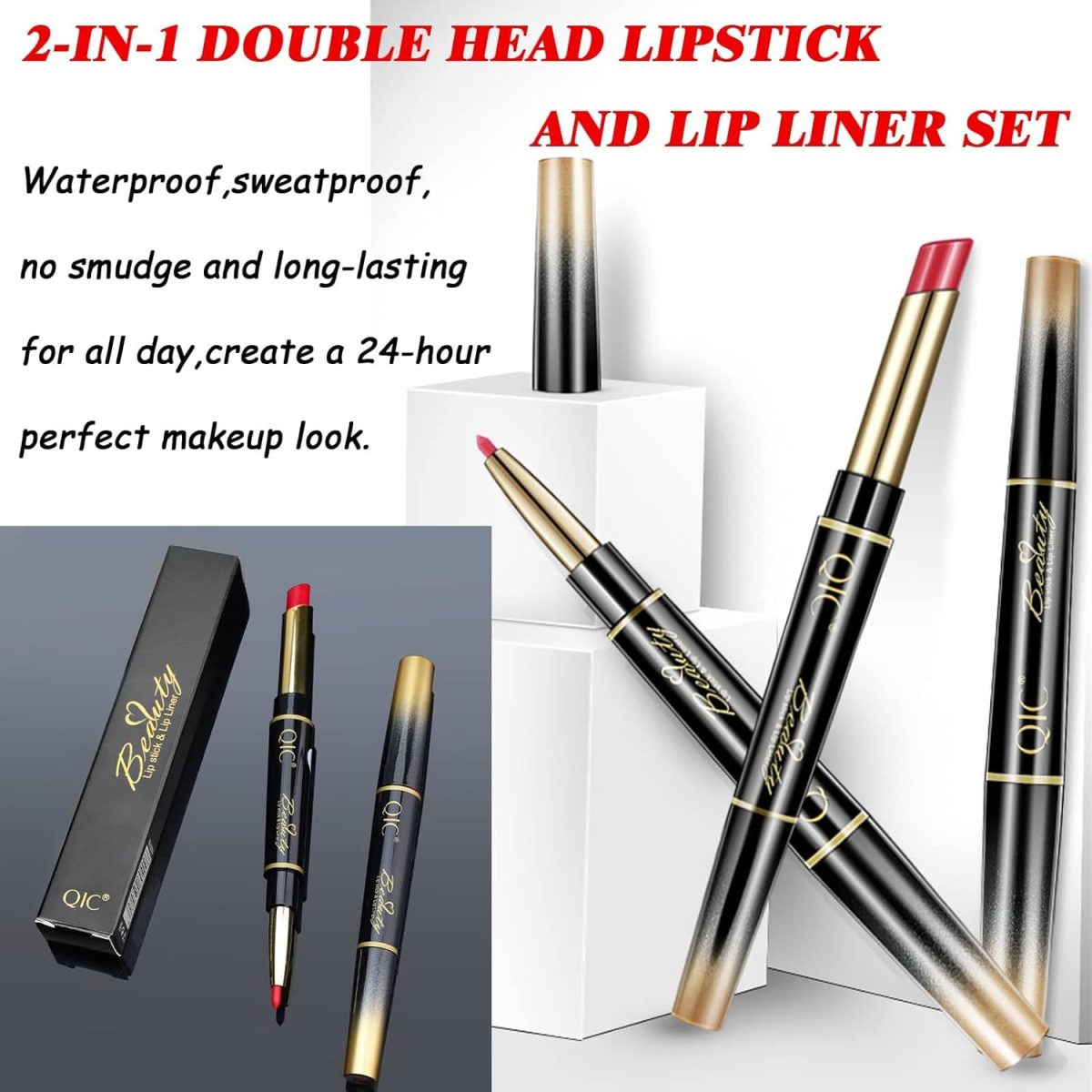 ⁦NALACAL Lip Liner And Lipstick Set,2-in-1 Double Head Matte Cream Lipstick & Lip Liner,Waterproof Sweatproof No Smudge Long-Lasting Moisturizing Smooth Highly Pigmented Makeup Set(Red)⁩ - الصورة ⁦3⁩