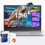 GINA 15 15.6" FHD Laptop Compter, Windows 11 Pro for Students, Intel Quad-Core N100, 16GB DDR5 RAM, 1TB SSD, Free MS Office, Fingerprint, Numeric Keypad, Type-C, HDMI, USB 3.2, 2-Year Warranty