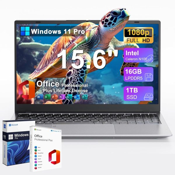 GINA 15 15.6" FHD Laptop Compter, Windows 11 Pro for Students, Intel Quad-Core N100, 16GB DDR5 RAM, 1TB SSD, Free MS Office, Fingerprint, Numeric Keypad, Type-C, HDMI, USB 3.2, 2-Year Warranty