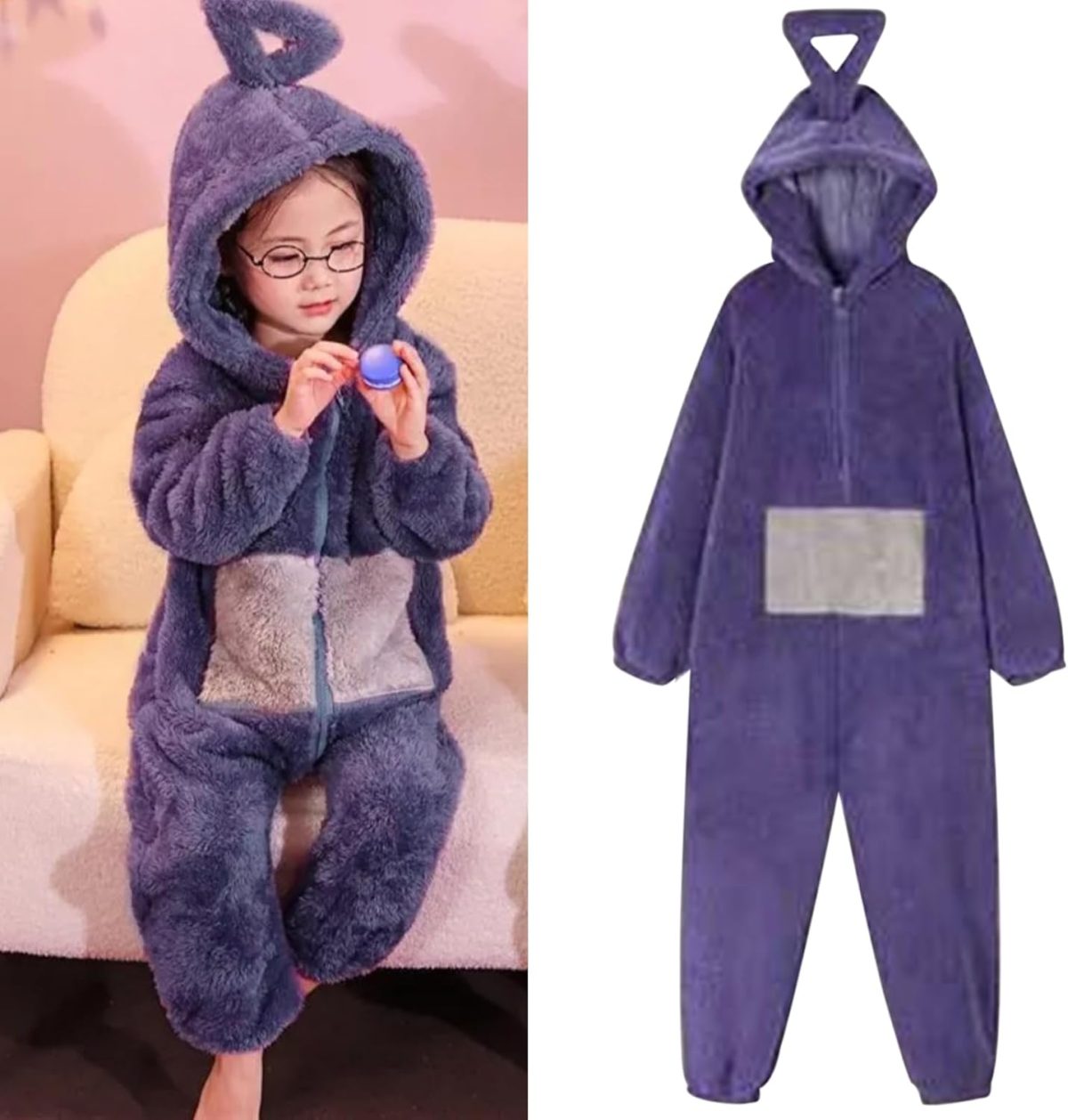 ⁦Unisex Kids Flannel Animal Onesie Pajamas,Soft Hooded Onesies Pajamas Costume, Cosplay Halloween Christmas Sleepwear Jumpsuit Homewear for Girls Boys(Purple)⁩ - الصورة ⁦4⁩