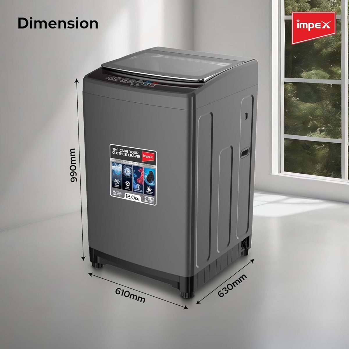 ⁦Impex 12Kg Fully Automatic Top Load Washing Machine | Dual Inlet (Hot/Cold) | 10 Wash Programs | Child Lock | Auto Restart | Metallic Body | Water Resistant | Detergent Tray | Dark Grey | WM1200TMG⁩ - الصورة ⁦7⁩