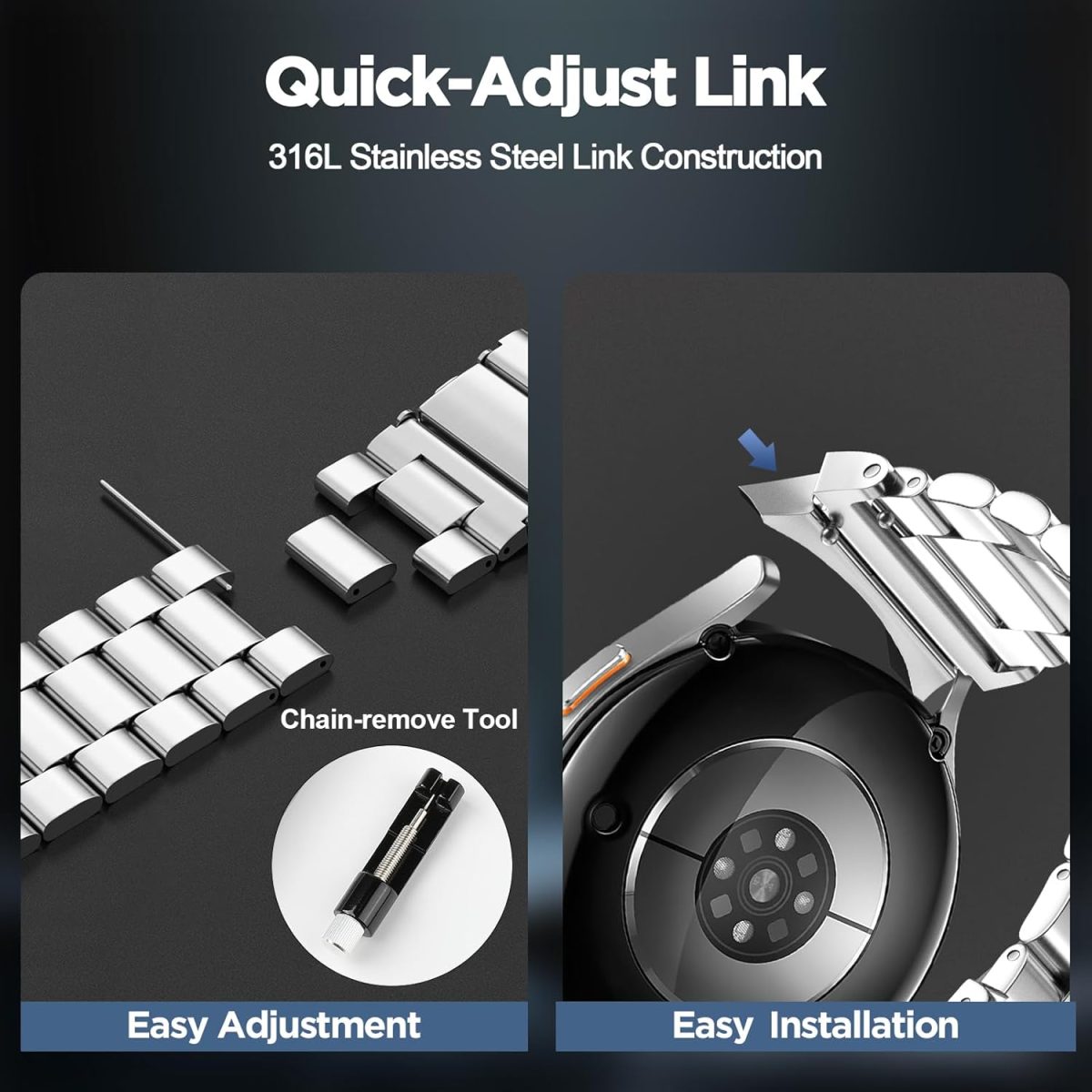 ⁦No Gap Stainless Steel Strap Compatible with Samsumg Galaxy Watch 7/6/5/4/FE 40mm 44mm, Quick Release Metal Straps for Galaxy Watch 6 Classic 43mm 47mm Replacement Band⁩ - الصورة ⁦4⁩