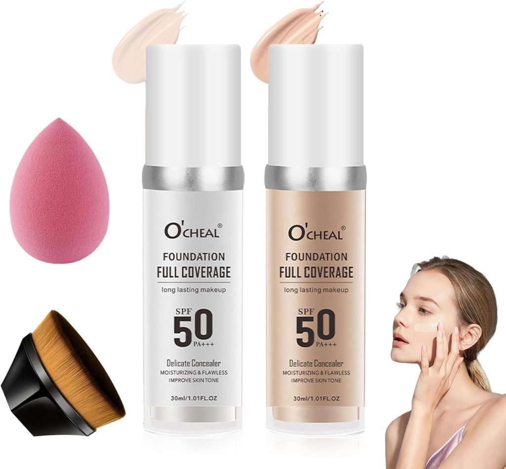 Azonee 2PCS Color Changing Foundation Set, Flawless Full Coverage SPF50 PA+++, Includes Brushes & Sponge, Moisturizing Non-Greasy Liquid Foundation for All Skin Types