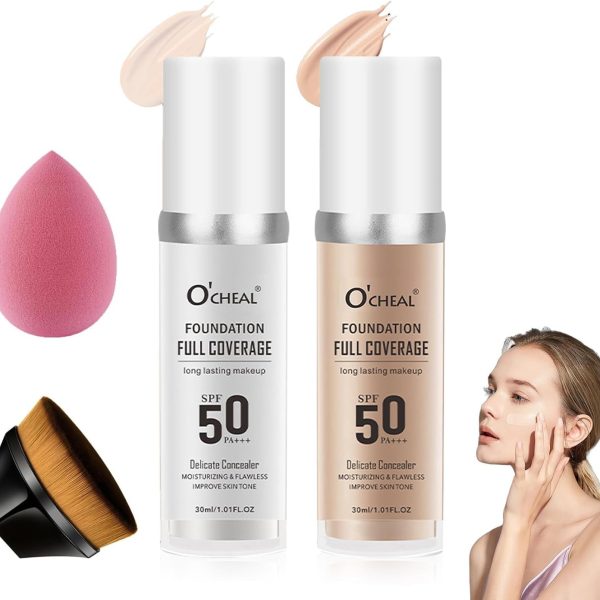 Azonee 2PCS Color Changing Foundation Set, Flawless Full Coverage SPF50 PA+++, Includes Brushes & Sponge, Moisturizing Non-Greasy Liquid Foundation for All Skin Types
