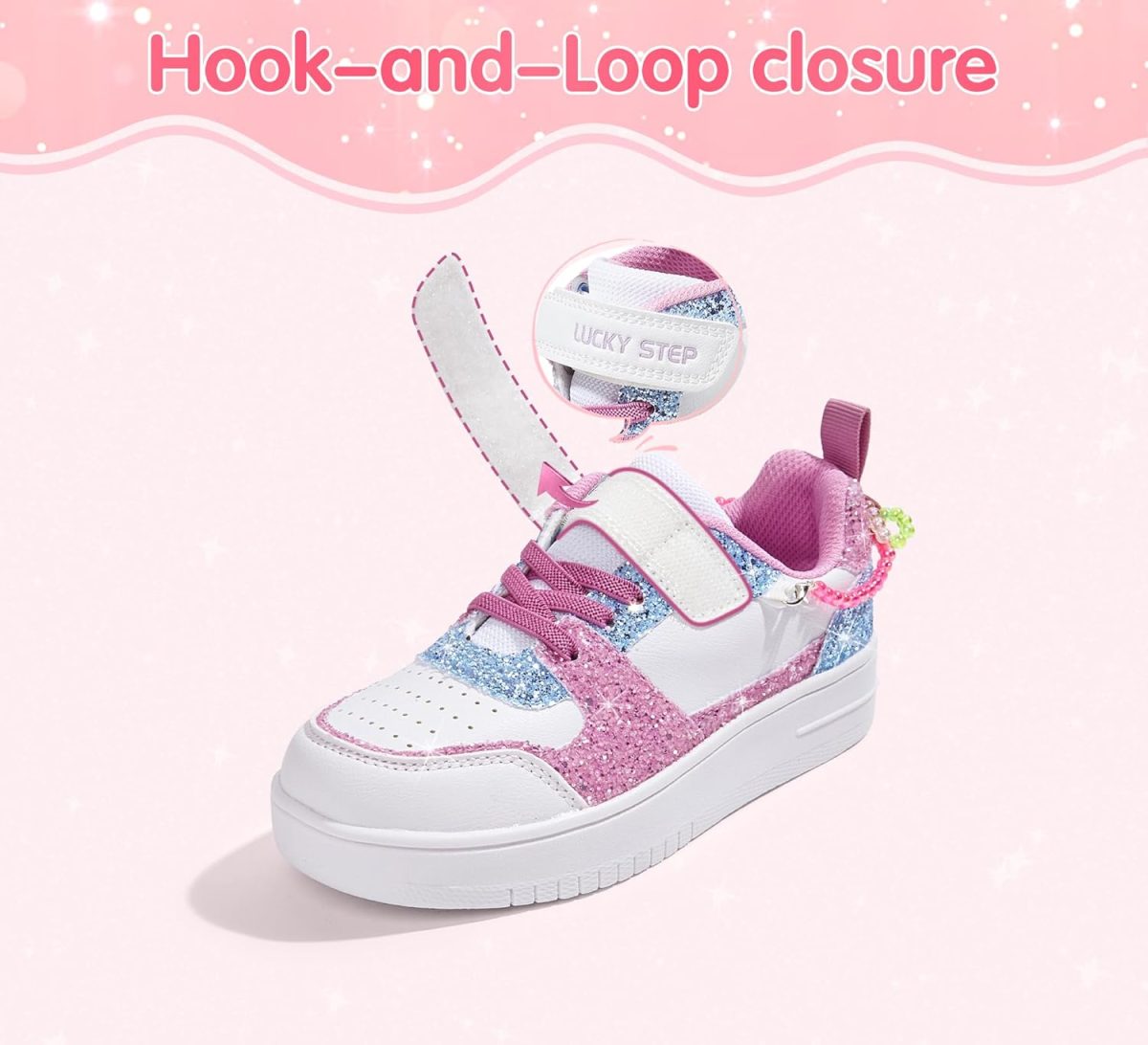 ⁦LUCKY STEP Girl's Glitter Sneakers Slip On Hook and Loops Athletic Sparkly Beads Casual Tennis School Party Cute Running Shoes for Children/Girls/Kids⁩ - الصورة ⁦4⁩