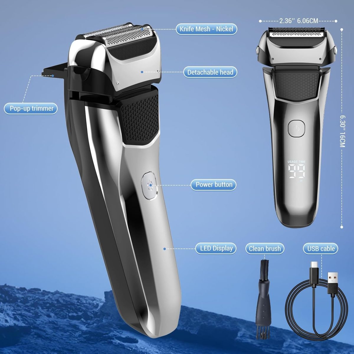 ⁦Electric Razor for Men, 3 Blades Cordless Rechargeable Foil Shavers Electric Razors for Face IPX6 Electric Shaver for Men with Pop-up Trimmer for Travel⁩ - الصورة ⁦8⁩