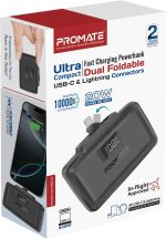 ⁦Promate 10000mAh Power Bank, Compact with 20Watt USB-C™ In/Out Foldable Connector, 20Watt Lightning Foldable Connector, Ultra-Fast 20Watt USB-C™In/Out Port, Charge Protection, LED Display (Black)⁩ - الصورة ⁦9⁩