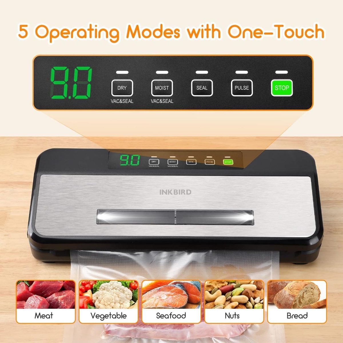 ⁦INKBIRD INK-VS03 Food Vacuum Sealer Machine, Sealing Time Display, 80KPA Strong Suction, Automatic Vacuum Sealer with Starter Kit for Food Storage and Sous Vide⁩ - الصورة ⁦2⁩