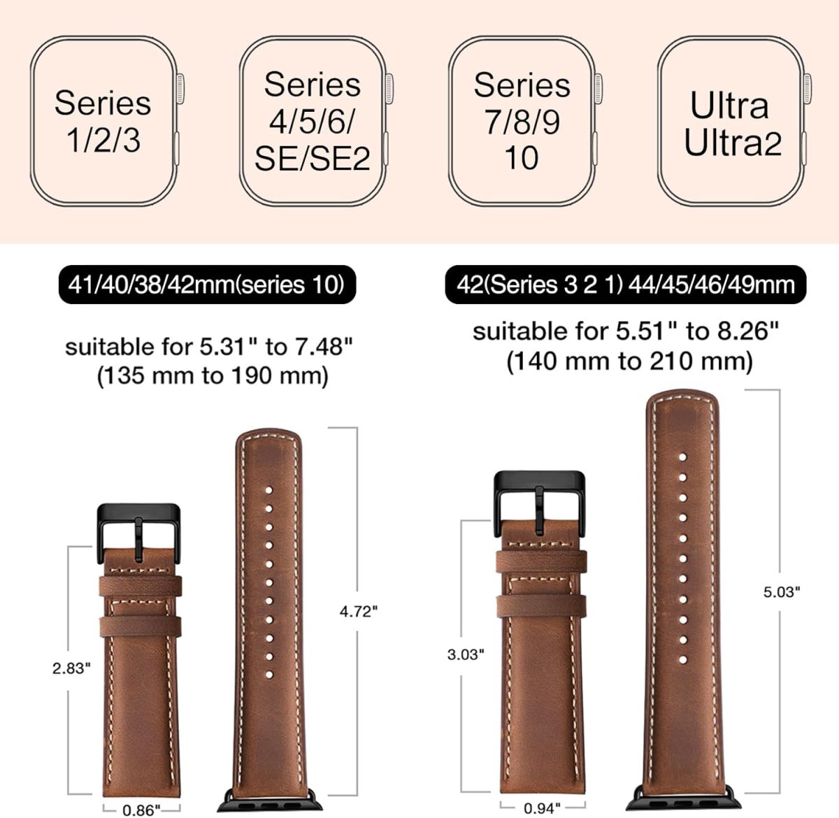 ⁦SUNFWR Leather Bands Compatible with Apple Watch Band 49mm 45mm 44mm 42mm for Men Women, Top Grain Genuine Leather Replacement Strap for iWatch Ultra2 Ultra SE2 SE Series 9 8 7 6 5 4 3 2 1⁩ - الصورة ⁦5⁩