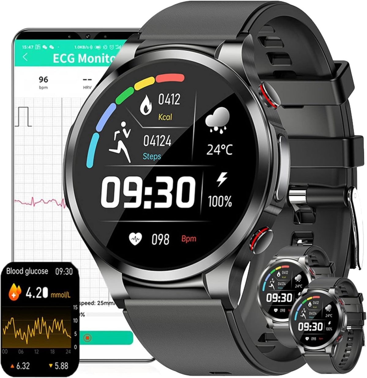 ⁦FUfIzu Ecg Smart Watch Blood Sugar,blood Glucose Sugar Smart Watch,ECG+PPG Fitness Tracker with Body Temperature Heart Rate Blood Pressure Blood Oxygen Monitor,sport Watch,Grey,Large⁩ - الصورة ⁦7⁩