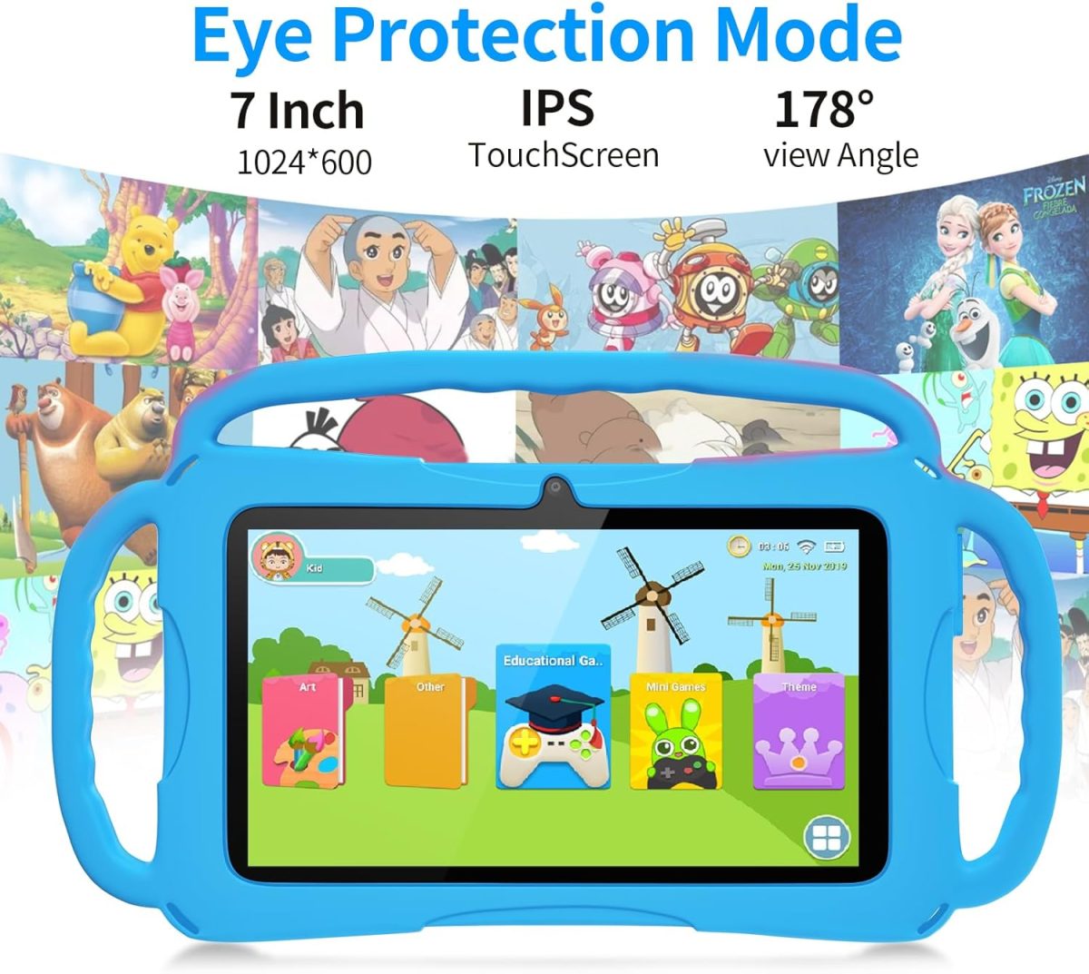 ⁦7 inch Kids Tablet, Quad Core Android 12 2GB 32GB, Parental Control, Eye Protection, Shockproof Case, Dual Camera, WiFi, Bluetooth, Learning Tablet for Kids - K4 (Blue)⁩ - الصورة ⁦5⁩