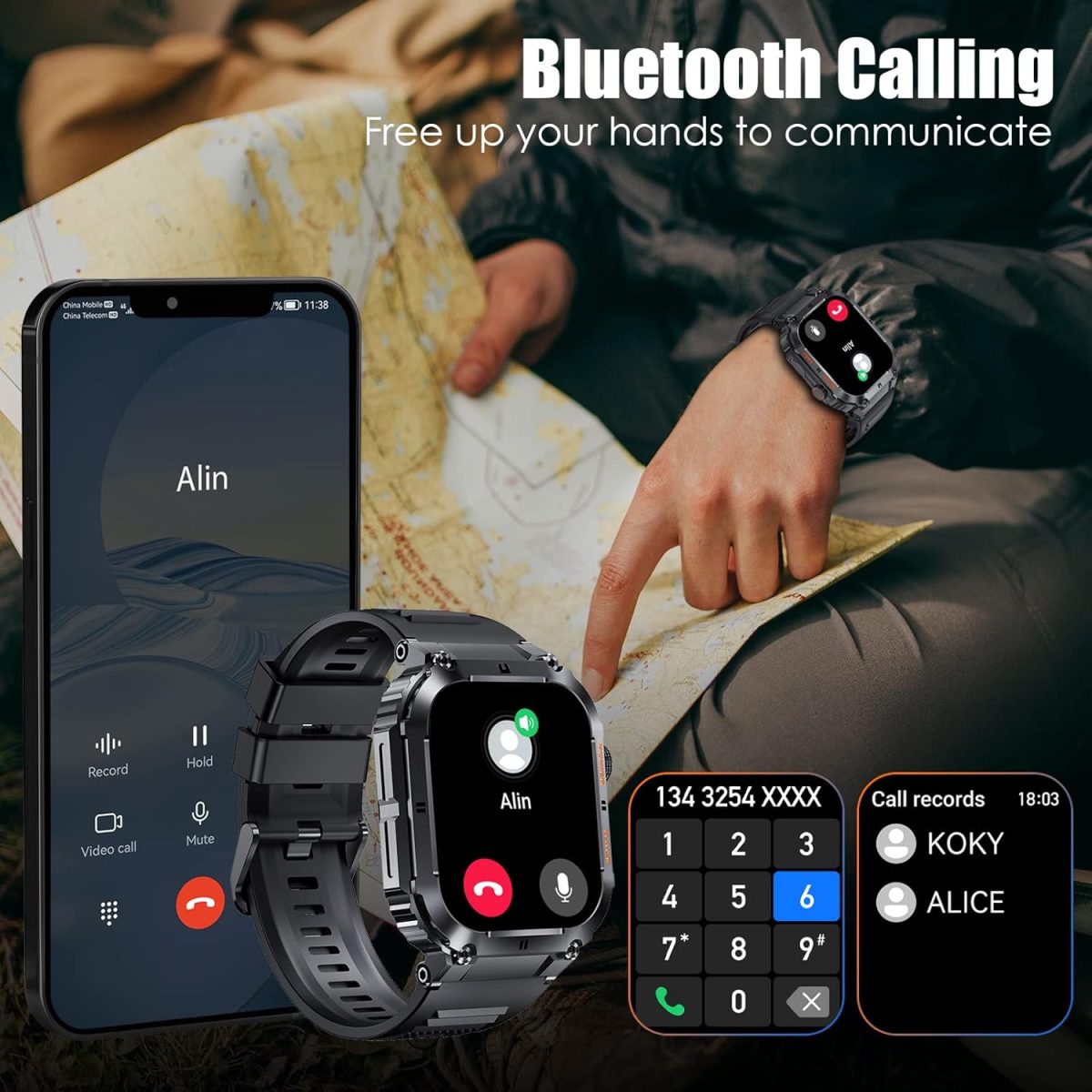 ⁦EIGIIS Military Smart Watches for Men 1.96" HD Big Screen Rugged Smart Watch (Answer/Dial Calls) Outdoor Tactical Sports Watch Fitness Tracker Smartwatch for iPhone Compatible with Android Phones⁩ - الصورة ⁦5⁩