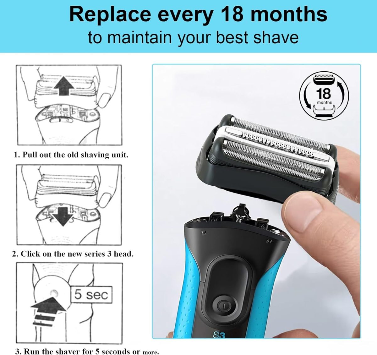 ⁦Series 3 32B Replacement Shaver Head for Braun, Foil & Cutter Razor Replacement Head, Compatible with Braun 301S, 310S, 320S, 330S, 340S, 360S, 3000S, 3010S, 30S, 3020S, 350CC, 370CC, 3050CC (2 PACK)⁩ - الصورة ⁦6⁩