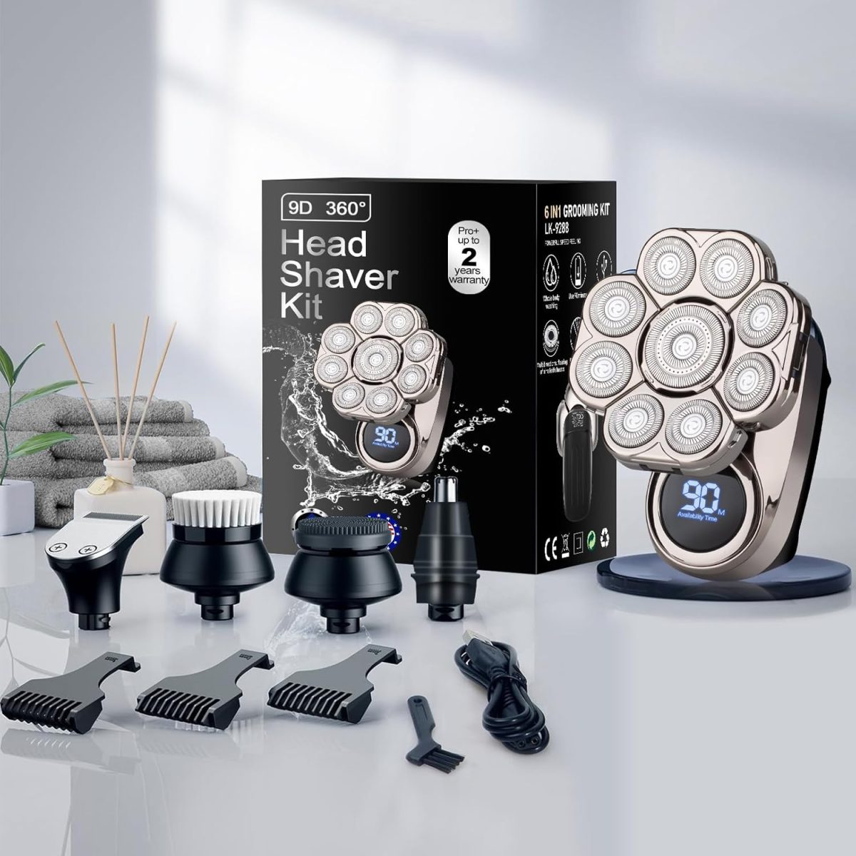 ⁦9D Electric Head Shaver for Bald Men, Upgraded 6-in-1 Head Shaver for Bald Men, Waterproof Wet/Dry Grooming Kit Electric Shaver for Men, Cordless Rechargeable Bald Head Razor for Home&Travel Gift⁩ - الصورة ⁦8⁩