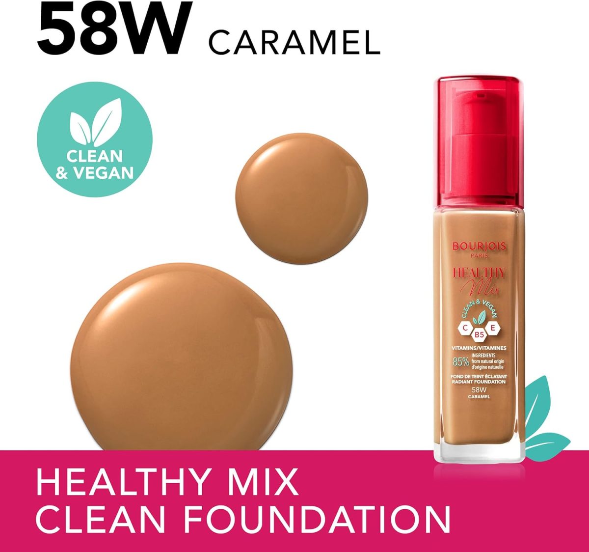 ⁦Bourjois Healthy Mix Clean Foundation – Liquid Foundation, Vegan Formula, Makeup – 58W Caramel, 30ml (1.1oz)⁩ - الصورة ⁦2⁩