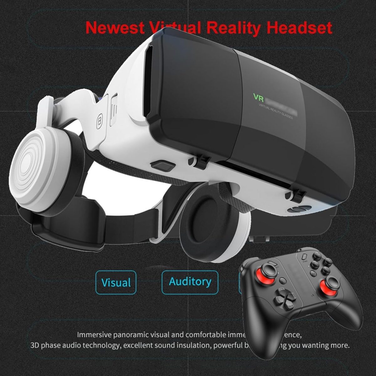 ⁦Virtual Reality Headsets to Play Games/Movies for Adults/Kids, 3D VR Glasses Compatible iOS and Android Smartphones 4.7-7.8in, Vr Headset Set with Controller and Headphones⁩ - الصورة ⁦2⁩