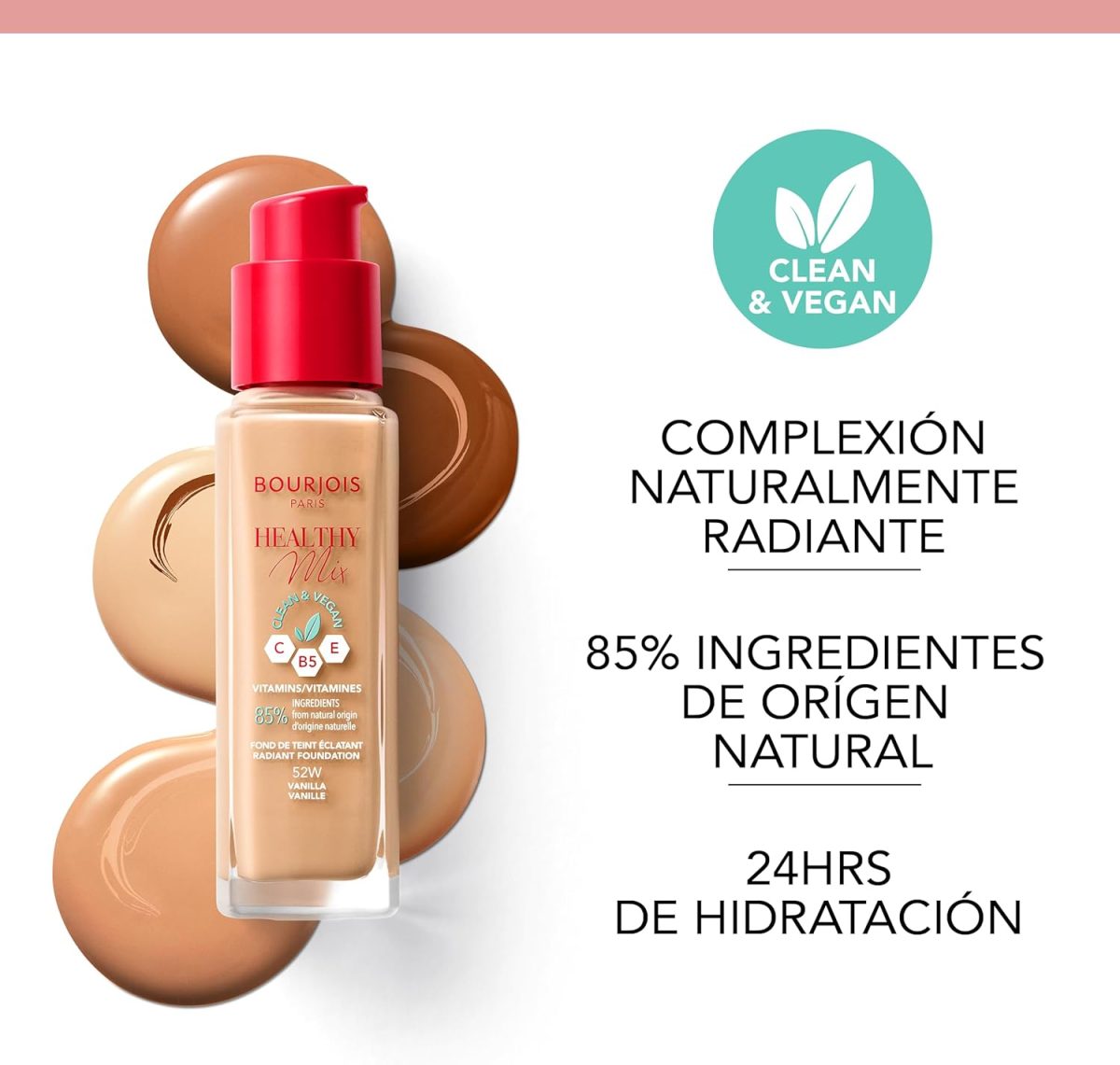 ⁦Bourjois Healthy Mix Clean Foundation – Liquid Foundation, Vegan Formula, Makeup – 51.2W Golden Vanilla, 30ml (1.1oz)⁩ - الصورة ⁦4⁩