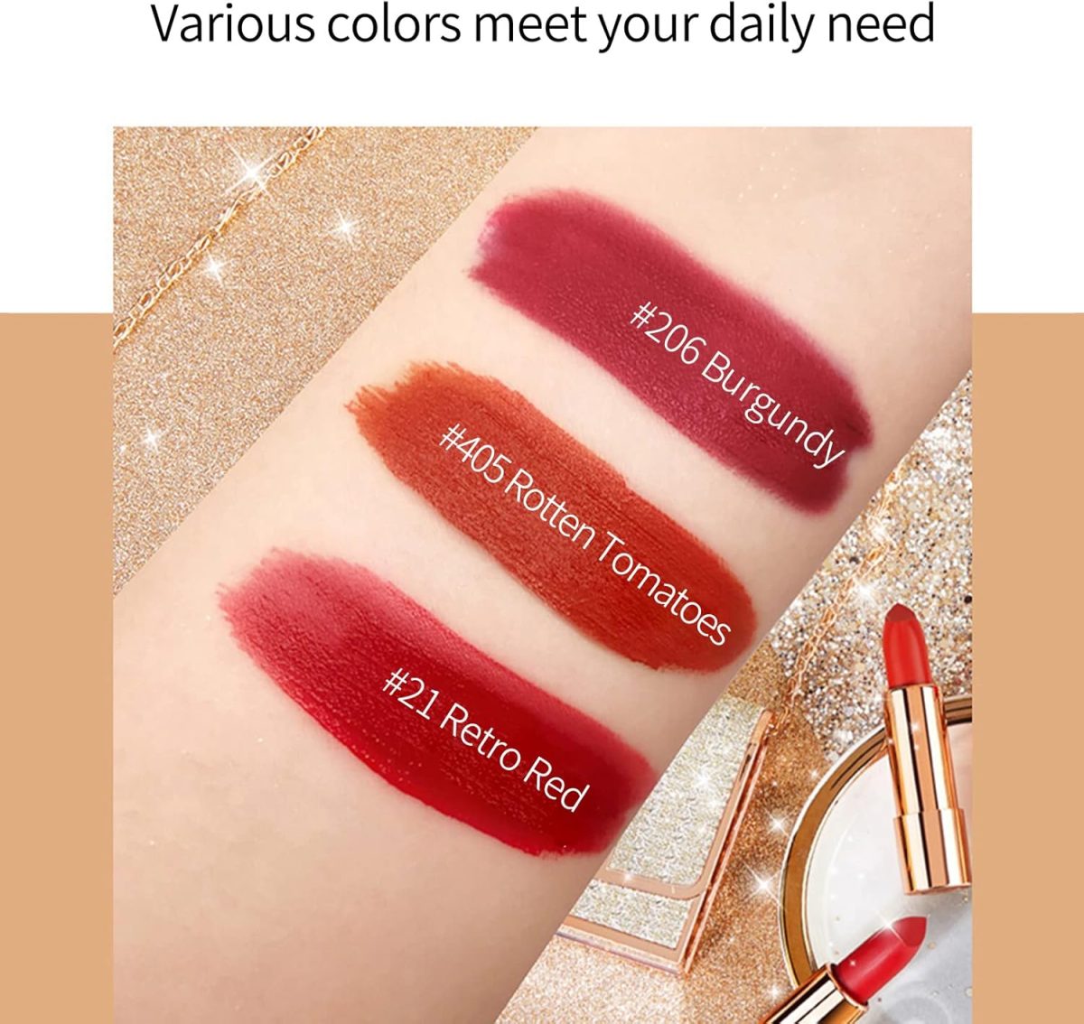 ⁦Newvenper Matte Lipstick Set 3 Colors Lip Stick with Sliver Chain Bag Package Velvet Lip stick Set Waterproof Non-Stick Cup Long Lasting Retractable Red Lipstick Set 3.5gx3 Pcs⁩ - الصورة ⁦5⁩