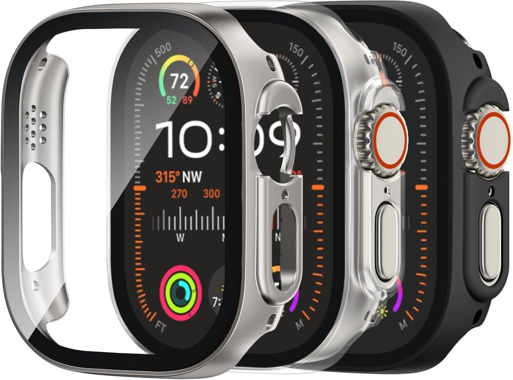 [3 Pack] Tempered Glass Case for Apple Watch Ultra/Ultra 2 Screen Protector 49mm, Hard PC Face Cover Overall Protection Anti-Scratch Bumper Cases for iWatch 49mm, Black/Clear/Titanium