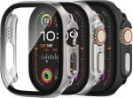 [3 Pack] Tempered Glass Case for Apple Watch Ultra/Ultra 2 Screen Protector 49mm, Hard PC Face Cover Overall Protection Anti-Scratch Bumper Cases for iWatch 49mm, Black/Clear/Titanium