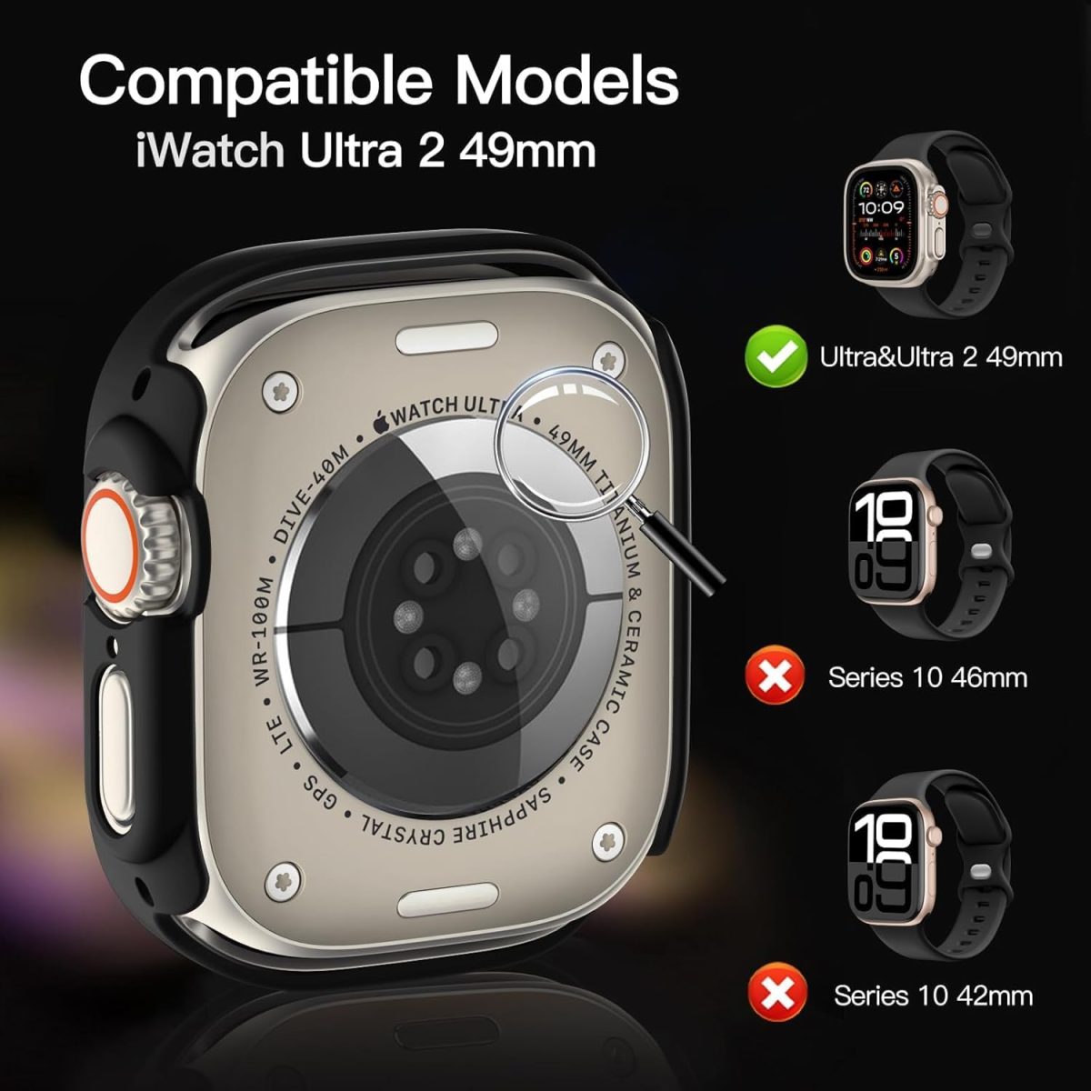 ⁦[3 Pack] Tempered Glass Case for Apple Watch Ultra/Ultra 2 Screen Protector 49mm, Hard PC Face Cover Overall Protection Anti-Scratch Bumper Cases for iWatch 49mm, Black/Clear/Titanium⁩ - الصورة ⁦5⁩