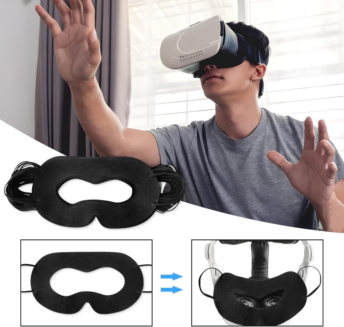 ⁦NALACAL 100-Pack Disposable VR Face Covers, Sweat Guard Masks Compatible with Meta Quest 3, Quest 2, and Apple Vision Pro - Facial Interface Pads in Black & White⁩ - الصورة ⁦6⁩