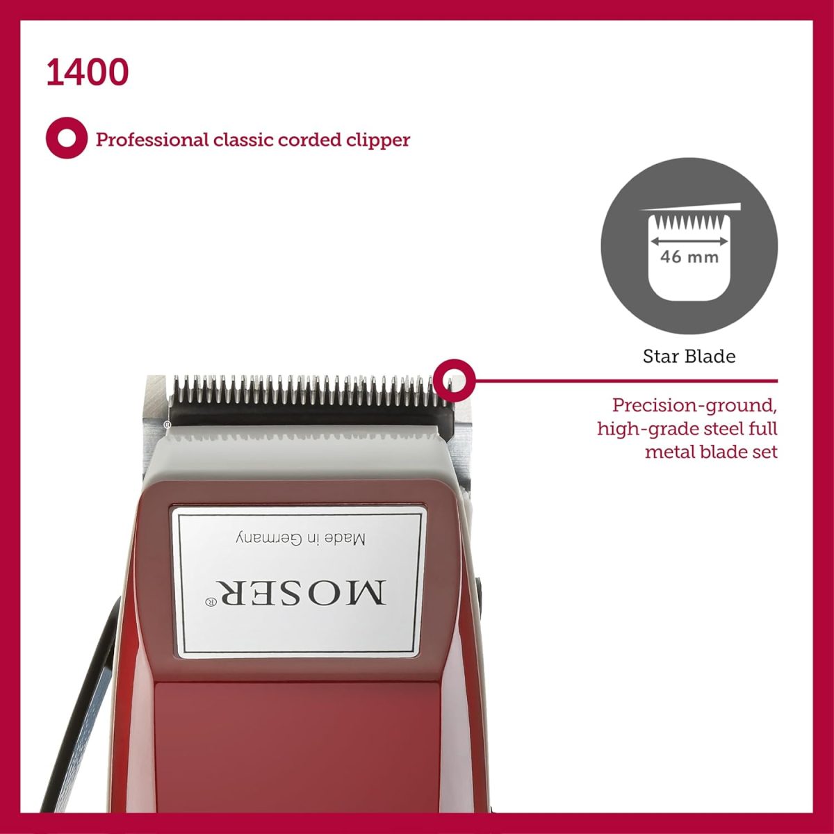 ⁦Moser 1400-0150, Professional Corded Hair Clipper, Burgandy (Pack of 1)⁩ - الصورة ⁦2⁩