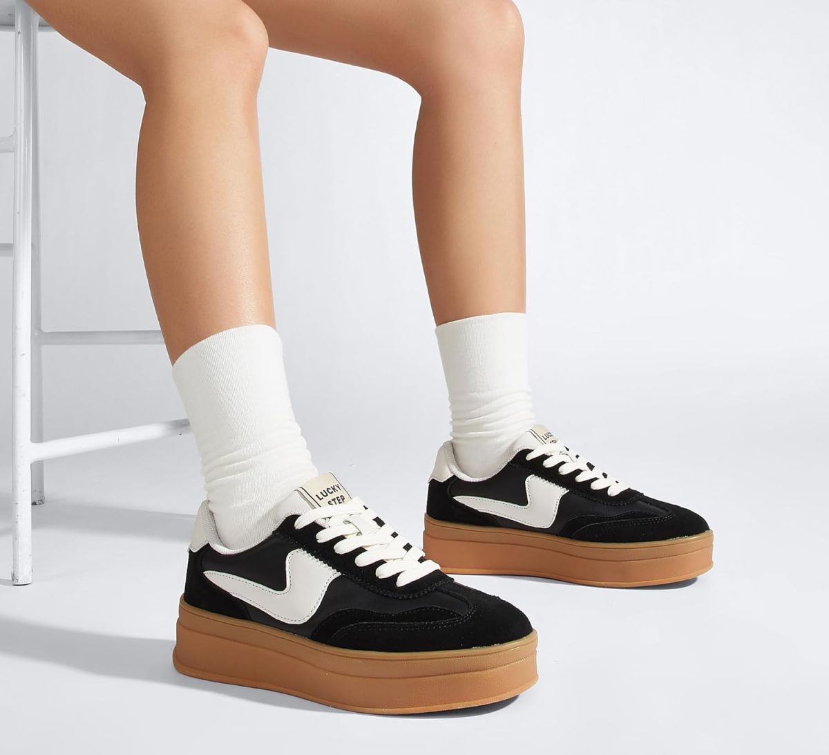 ⁦LUCKY STEP Women's Platform Fashion Sneakers Thick Sole Suede Genuine Leather Classic Rubber Gum Sole Low Top Casual Walking Shoes⁩ - الصورة ⁦8⁩