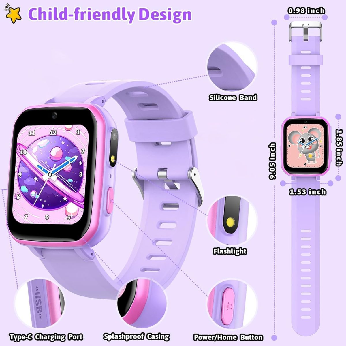 ⁦DMG Kids Smart Watch, 26 Educational Games, Music Player, Pedometer, Alarm Clock, Touch Screen, Learning & Activity Tracker Toy Gift for Boys & Girls Ages 4-12, Birthday & Holiday Present (Purple)⁩ - الصورة ⁦2⁩