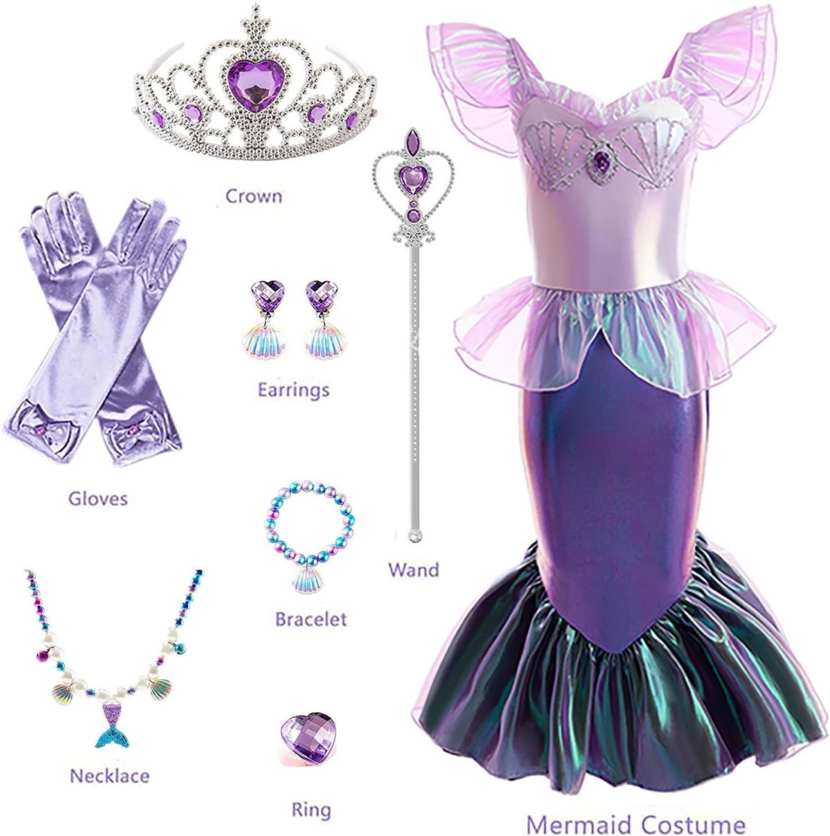 ⁦Poicbor Mermaid Princess Costume for Girls, With forehead accessories and earhooks for Girls 3-8 Birthday Party Halloween Cosplay Outfit with Accessories⁩ - الصورة ⁦2⁩