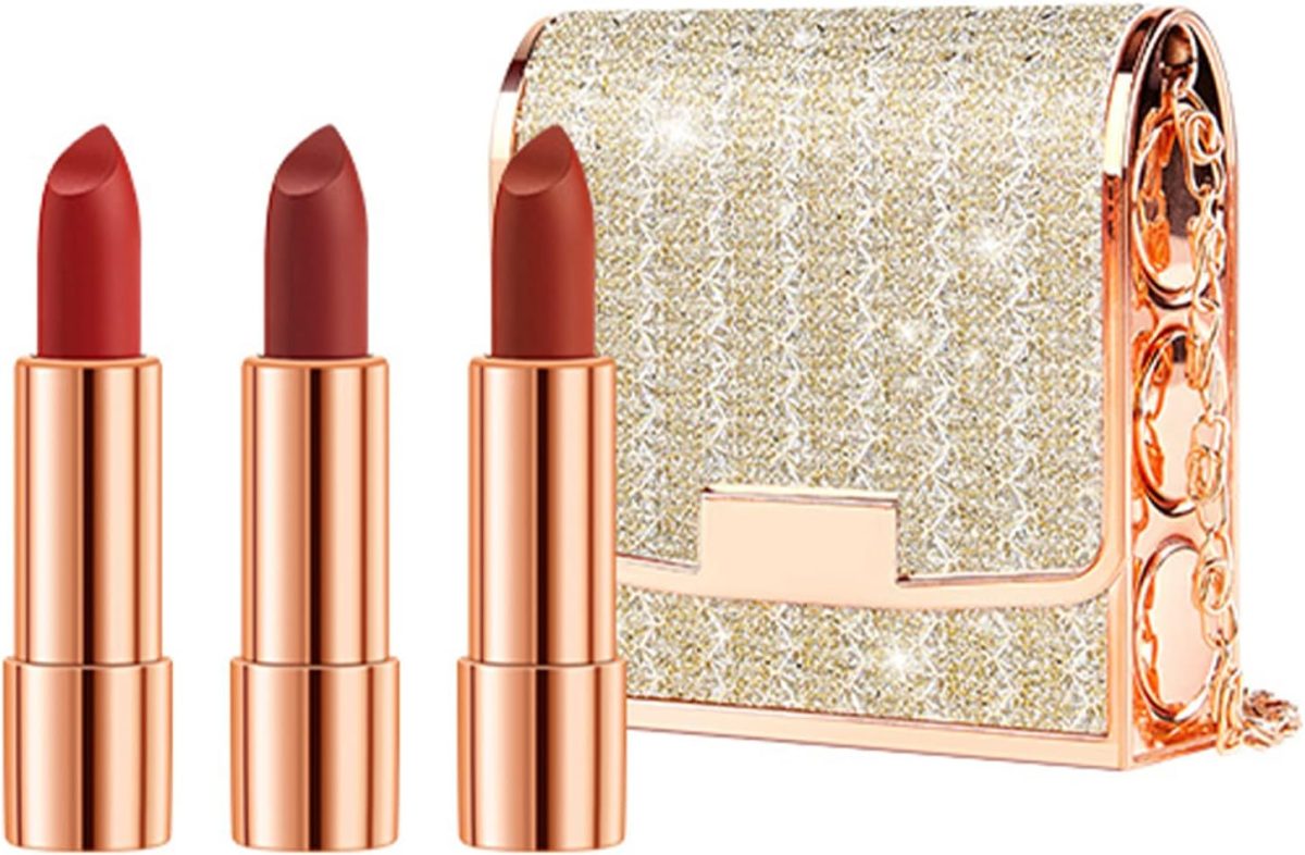 Newvenper Matte Lipstick Set 3 Colors Lip Stick with Sliver Chain Bag Package Velvet Lip stick Set Waterproof Non-Stick Cup Long Lasting Retractable Red Lipstick Set 3.5gx3 Pcs