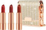 Newvenper Matte Lipstick Set 3 Colors Lip Stick with Sliver Chain Bag Package Velvet Lip stick Set Waterproof Non-Stick Cup Long Lasting Retractable Red Lipstick Set 3.5gx3 Pcs