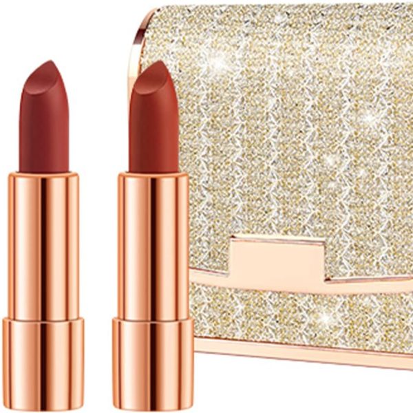 Newvenper Matte Lipstick Set 3 Colors Lip Stick with Sliver Chain Bag Package Velvet Lip stick Set Waterproof Non-Stick Cup Long Lasting Retractable Red Lipstick Set 3.5gx3 Pcs