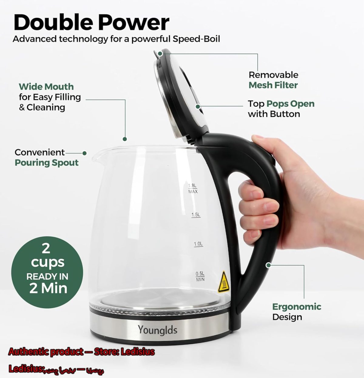 ⁦Electric Kettle1.8L Transparent Glass Kettle Stainless Steel Tea Kettle 1500W Fast Boiling Water Heater,BPA-Free Hot Water Boiler with Auto Shut-Off,Easy to Clean,LED Indicator,Perfect for Home,Office⁩ - الصورة ⁦3⁩