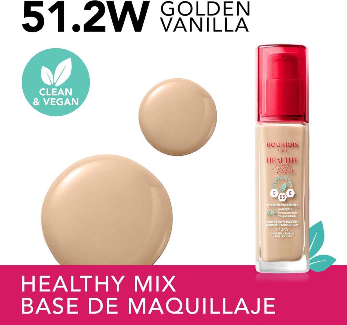 ⁦Bourjois Healthy Mix Clean Foundation – Liquid Foundation, Vegan Formula, Makeup – 51.2W Golden Vanilla, 30ml (1.1oz)⁩ - الصورة ⁦3⁩