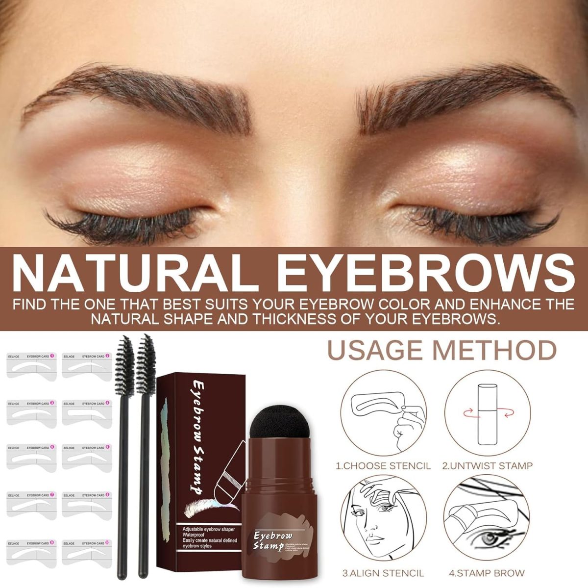 ⁦Eyebrow Stamp Stencil kit，Brow Stamp Kit,One Step Eyebrow Stamp Kit，with 10 Reusable Eyebrow Stencil and 2 Eyebrow Brushes (Black)⁩ - الصورة ⁦5⁩